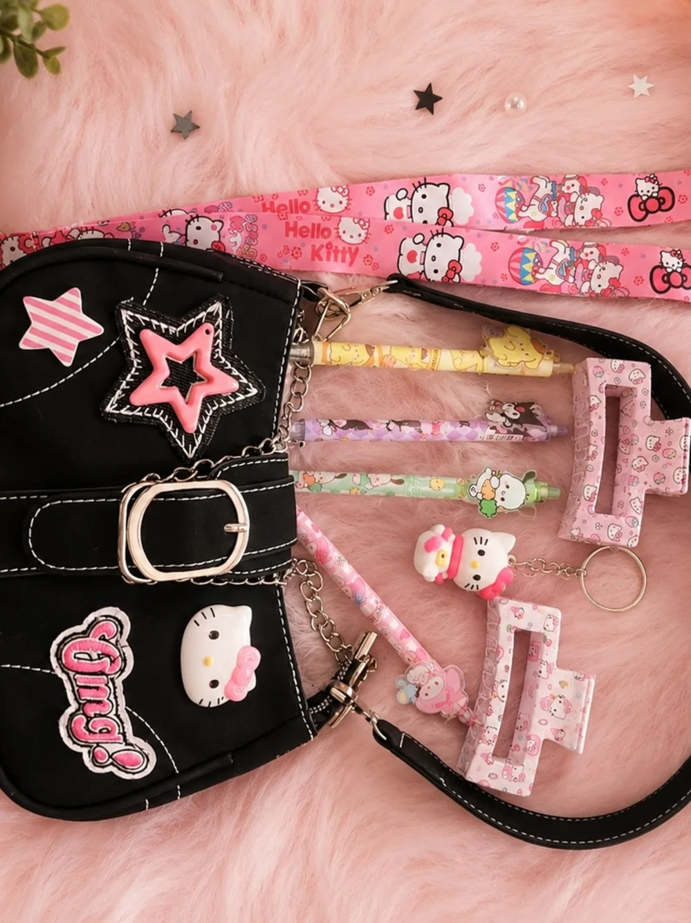 Hello Kitty Black and Pink Hair Clips And Pens Bundle